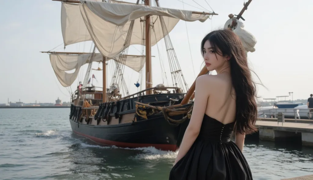 face close-up、Medieval port、beautiful woman with long black hair in a sleeveless long black dress standing on the pier、A huge wooden sailboat about to be published、Long black hair fluttering in the wind and the hem of the dress、 watercolor