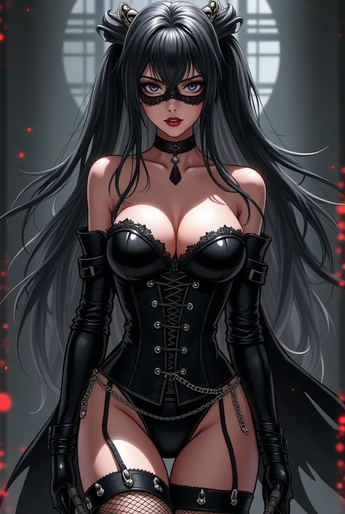 A woman with Asian features of long black hair, with white locks and tight fringe, Loose in wide waves. Your greyish eyes sparkle with a dramatic smoky black and gray, outlined striking kitten and intense red lipstick. She wears a black leather corset with...