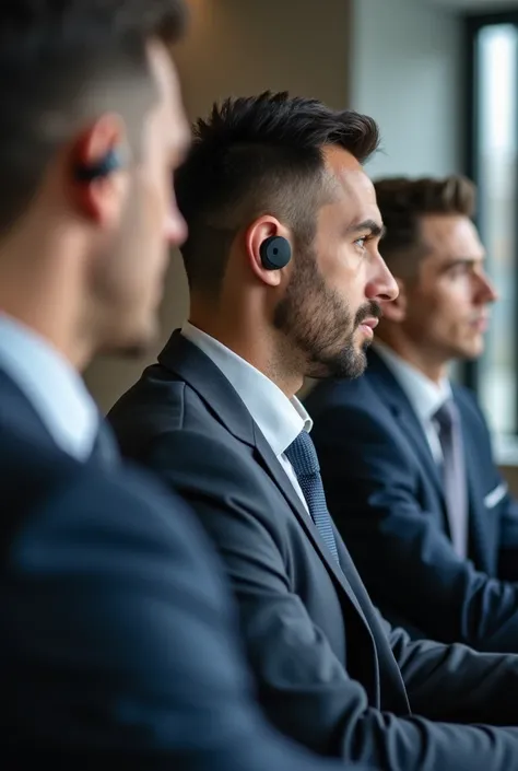  Create an image,  neckline is shown as if it were a photo, of a group of businessmen at a business meeting wearing small white wireless headphones