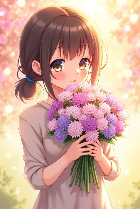 "A breathtaking anime-style illustration of a girl holding a bouquet of cluster flowers, featuring a mix of small, delicate blossoms in shades of pink, purple, and white. The flowers are lush and full, with soft petals and fresh green stems. The background...