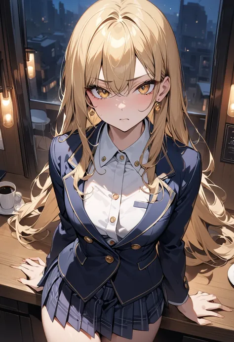 ((Greatest Masterpiece,Ultra High Quality:1.2)),(super resolution),(solo),cowboy shot,Night Cafe,Slender, small-breasted high school girl, beautiful face, long golden hair,perfect golden eyes, serious expression, high quality dark blue blazer ,white cutter...