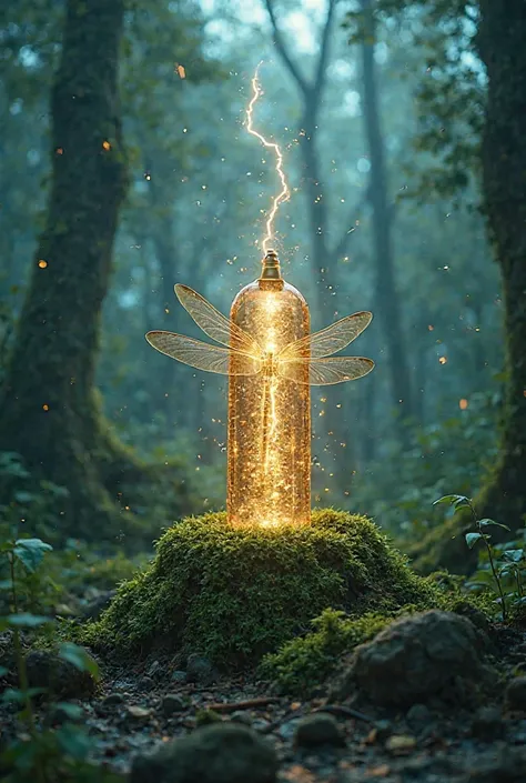  Key visual：batteries float on the root The，a golden arc bursts from a pole column，The metal shell，translucent leaf veins on the inside of the gears，spark plug splashed in the interlaced glowing vine turns into a crystal clear dragonfly waving its wings。
▸...