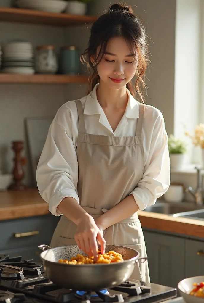 Beautiful Girl Cooking (((Lifting Capacity Gas Cooking Tank))) Wearing a single apron. 4K image.