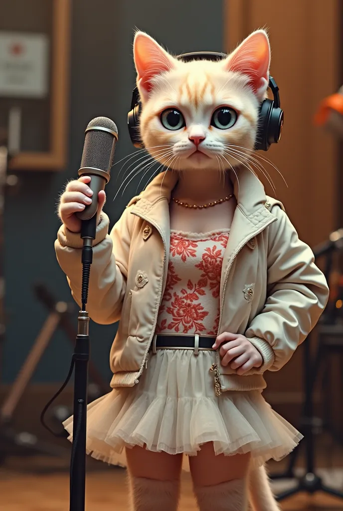 Horacia the cute cat is wearing a sexy mini skirt and a white floral patterned shirt and jacket. The cat is a bit short, holding a microphone, in the background of a recording studio, wearing a headset