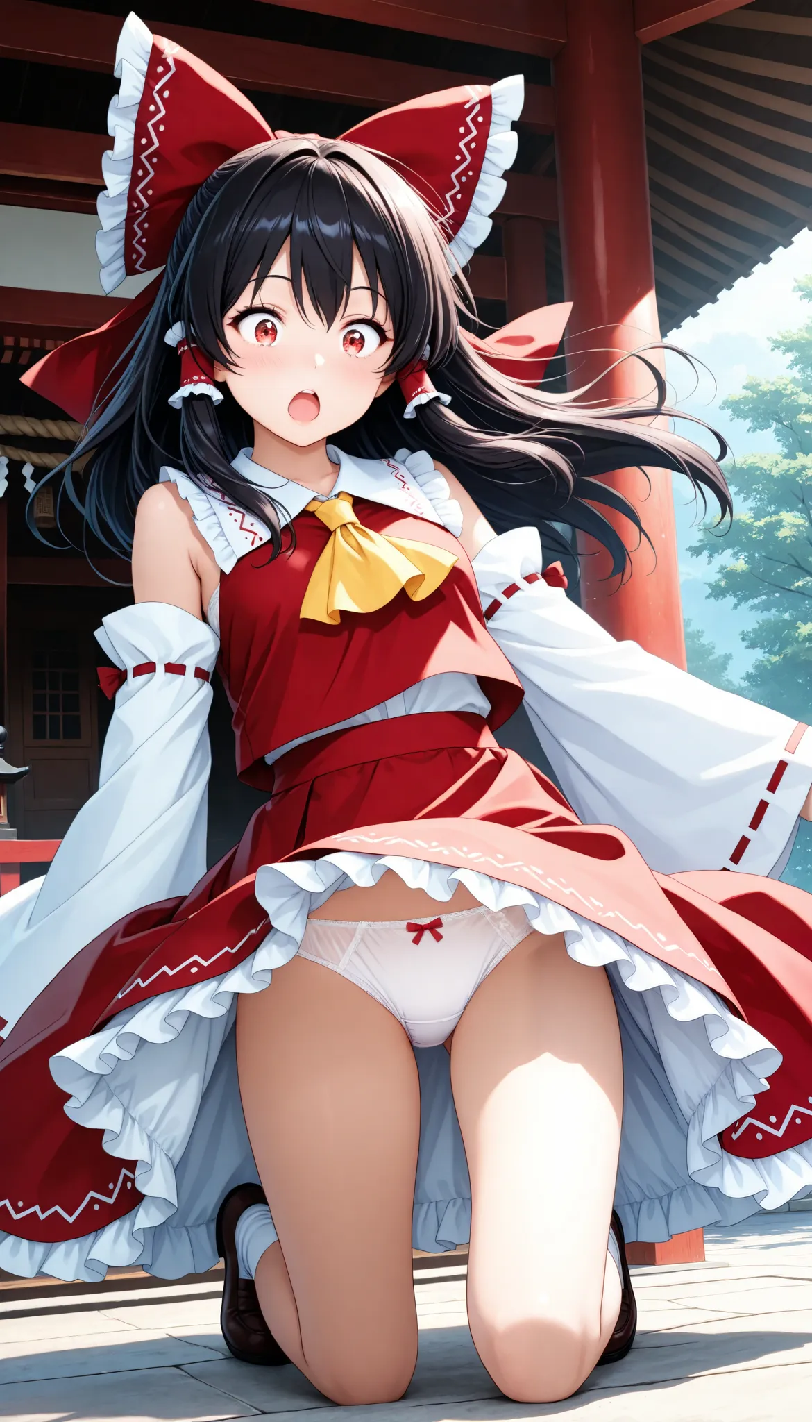 1 Beautiful Girl ,  cute woman, Beautiful Eye Expressions, hakurei_rhyme,detached sleeves,hair bow,red bow,ascot,hair tubes,skirt,frills,red skirt,yellow ascot,wide sleeves,standing,frilled bow,red shirt,frilled skirt,ribbon-trimmed sleeves,frilled shirt c...