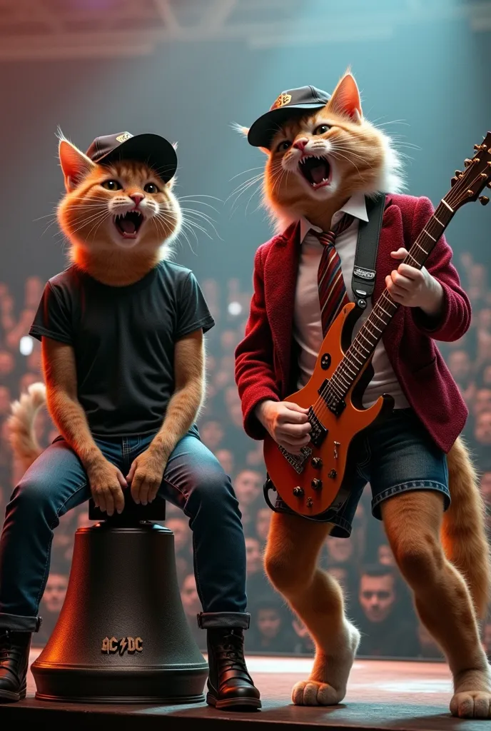 A realistic photo of the hardrock band Ac/dc two diffrent character cats. Brian Johnson cat singing sitting on a hellbell wering black jeans, black cap and black T-shirt and Angus young cat playing electric guitar and jive wering a red velvet jacket and sh...