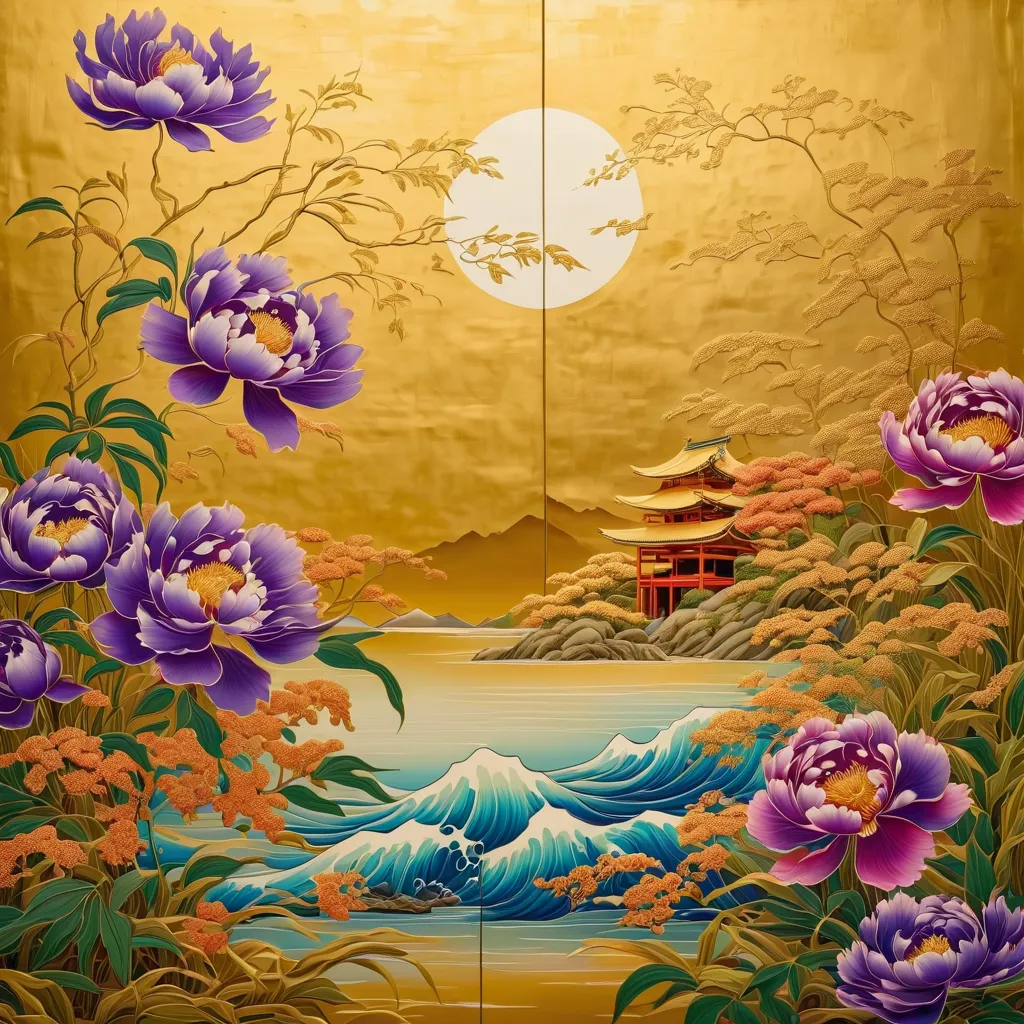 folding screen depicting purple flowers,Japanese painting,Gold mud, watercolor,glitter powder,Shellfish  ,folding screen made with traditional techniques,Gold mudに花の絵,Makie style,The folding screen installed in a temple in Kyoto is very beautiful.、painting...