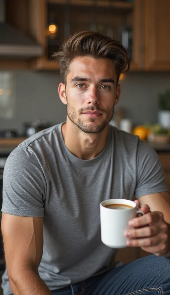 Aaron  Warner, 25 years, straight and thick brown eyebrows,brown eyes, square chin and square jaw marked,Temple fade brown hair . athletic body wearing gray t-shirt and sitting on a chair with a cup of coffee kitchen background