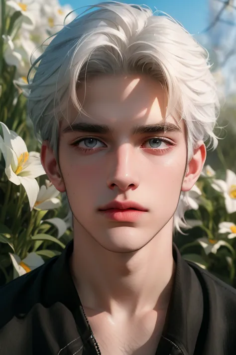 boy, handsome face, looking at viewer, white hair, grey eyes, cool style, artistic background, (eye detail), (face detail), (body detail), (masterpiece),