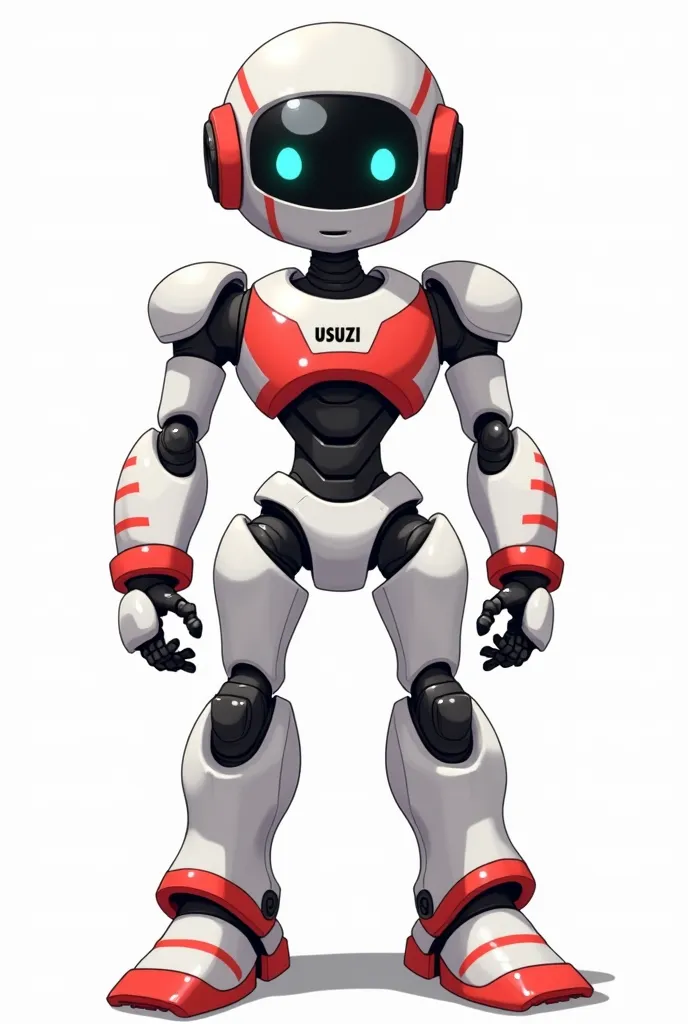 Mecca robot with a friendly face, a combination of white, red and black, It says (USUZI) on the chest, White background, Anime style, finest details, Have a friendly face, Front look, The robot will be the mascot of a company called USUZI, Camera zoom from...