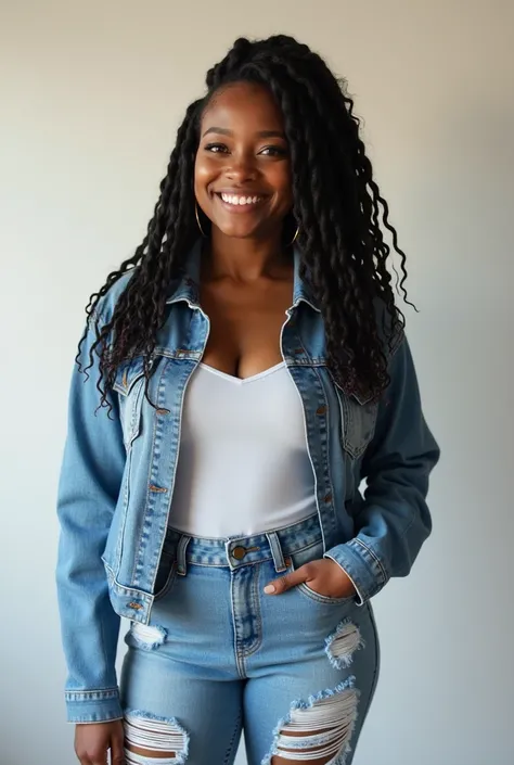  Generate an image of a black woman,  chubby girl, with braids in her hair, Beautiful with a charming smile, with denim jacket and ripped jeans, with a shoe that matches the clothes. minimalist image.