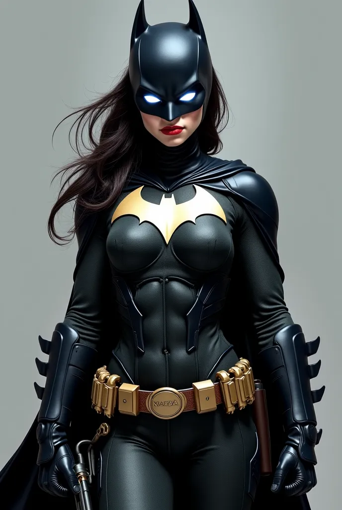 Une femme batman avec le logo noir sur le plastron un appareil de camouflage sur la ceinture des griffes argenté sur les gants des yeux blanc luminescent et un holster pour son pistolet a grapin sur la cuisse droite et un fouet sur l'autre 