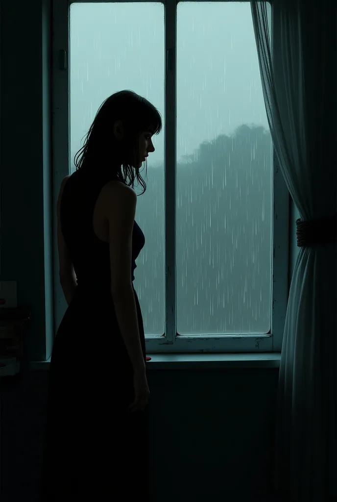 Woman looking out the window while it's raining 