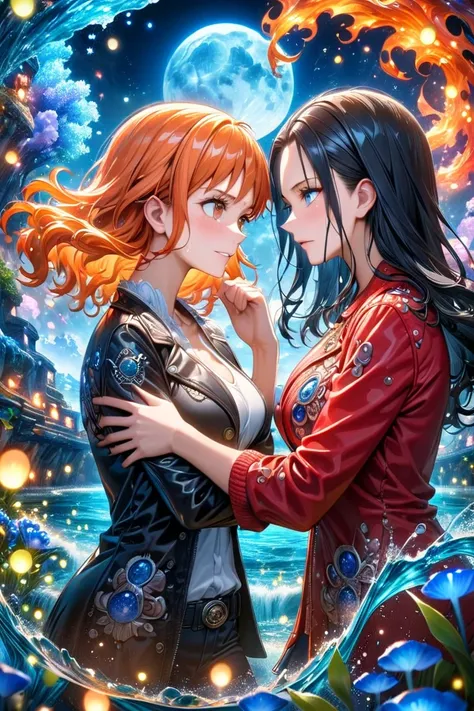 absurdres, highres, ultra detailed, HDR, masterpiece, Nico Robin, black long hair, expressive blue eyes, One Piece, Nami, long orange hair, expressive brown eyes, two women together, beautiful, black jacket, red jacket, white shirt, magical, fantasy, water...