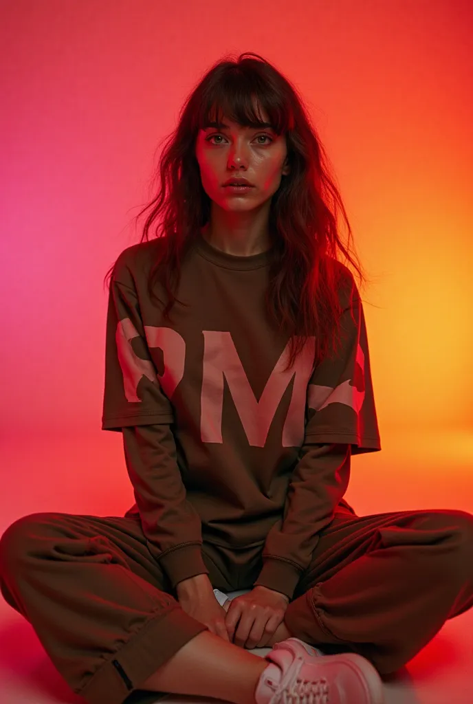 wide and low angle, cinematic, fashion photography for the brand PM. Woman with wavy brown long hair with bangs and green eyes sitting on floor wearing a heattech top with big letters “PM”; logo text, and brown chinos. The background is a gradient, red, pi...