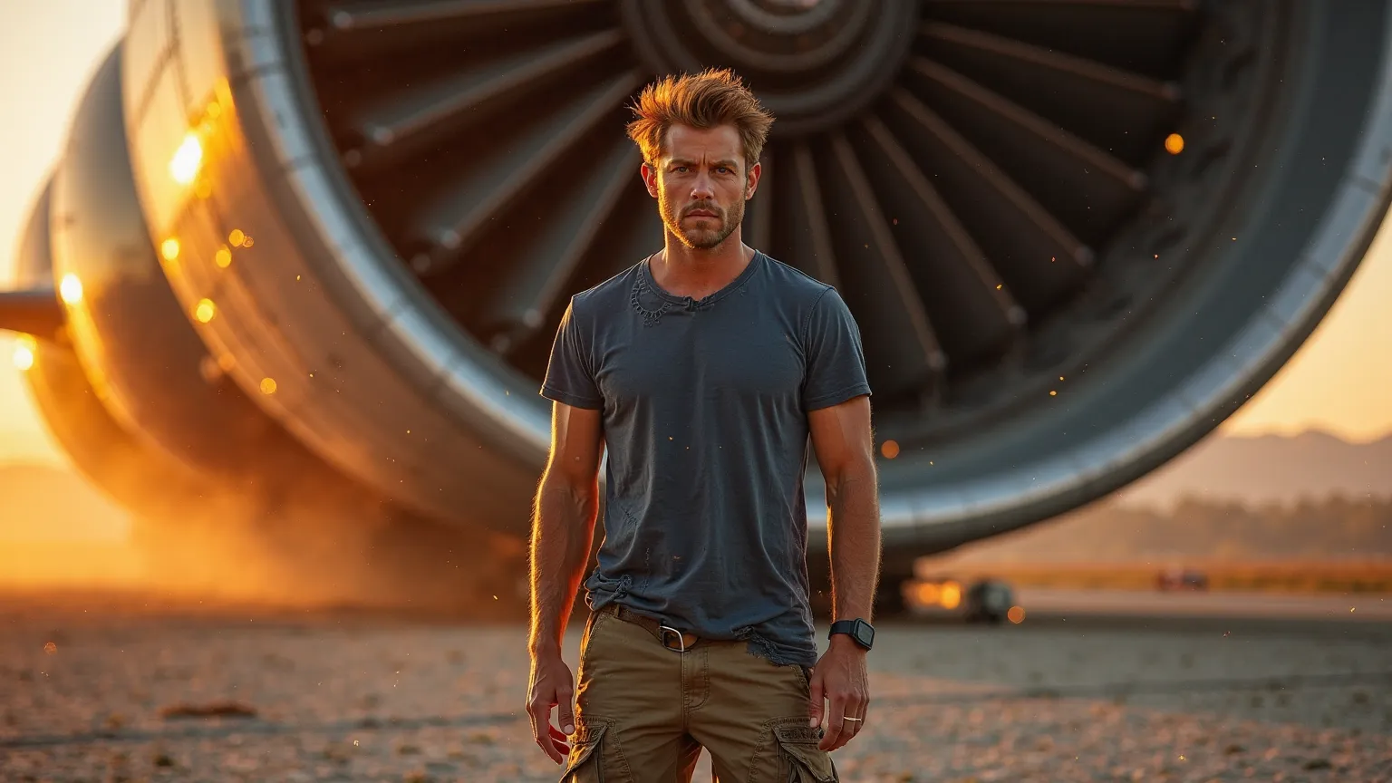 "A rugged, battle-worn man in a dark blue, tattered T-shirt and cargo pants stands before an enormous jet engine, its sheer size towering over him. The wind sweeps through his spiky hair, making his torn clothes ripple. The cracked, rocky terrain stretches...