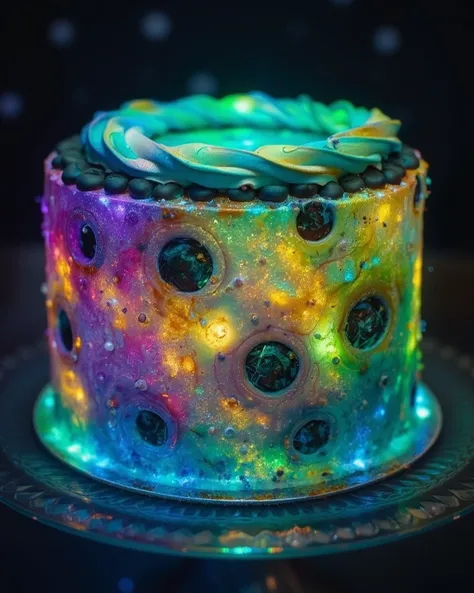 Glow-in-the-Dark Moonlit Cake, natural lighting, close-up, zoomed-in, no dish, no background, focus on a vibrant, colorful cake with glowing frosting, shimmering under dim light, magical effect, taken by phone --testp
