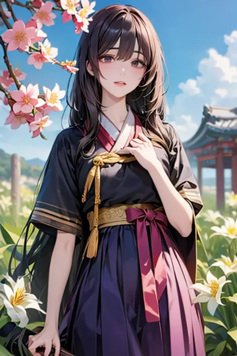 (((gfyuju ))), ((((black long hair)))), black eyes, (((Korean traditional clothing))), hanbok, dangui, surpassing,  best aesthetic , new, recent, Best quality,  masterpiece, very detailed),  masterpiece,  1girl , Solo, sky, flower, 벚flower, Plum Blossom , ...