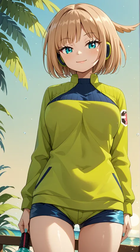 (UHD, retina, masterpiece, accurate, anatomically correct, super detail, high details,   highres, 1080P, 16k、high detail RAW color art:1.3)、(Kirie Konami ai:1.3)、(short hair、light brown hair、bangs、green　Eye  1.3)、(very gigantic breasts:1.3)、(shiny skin:1.3...