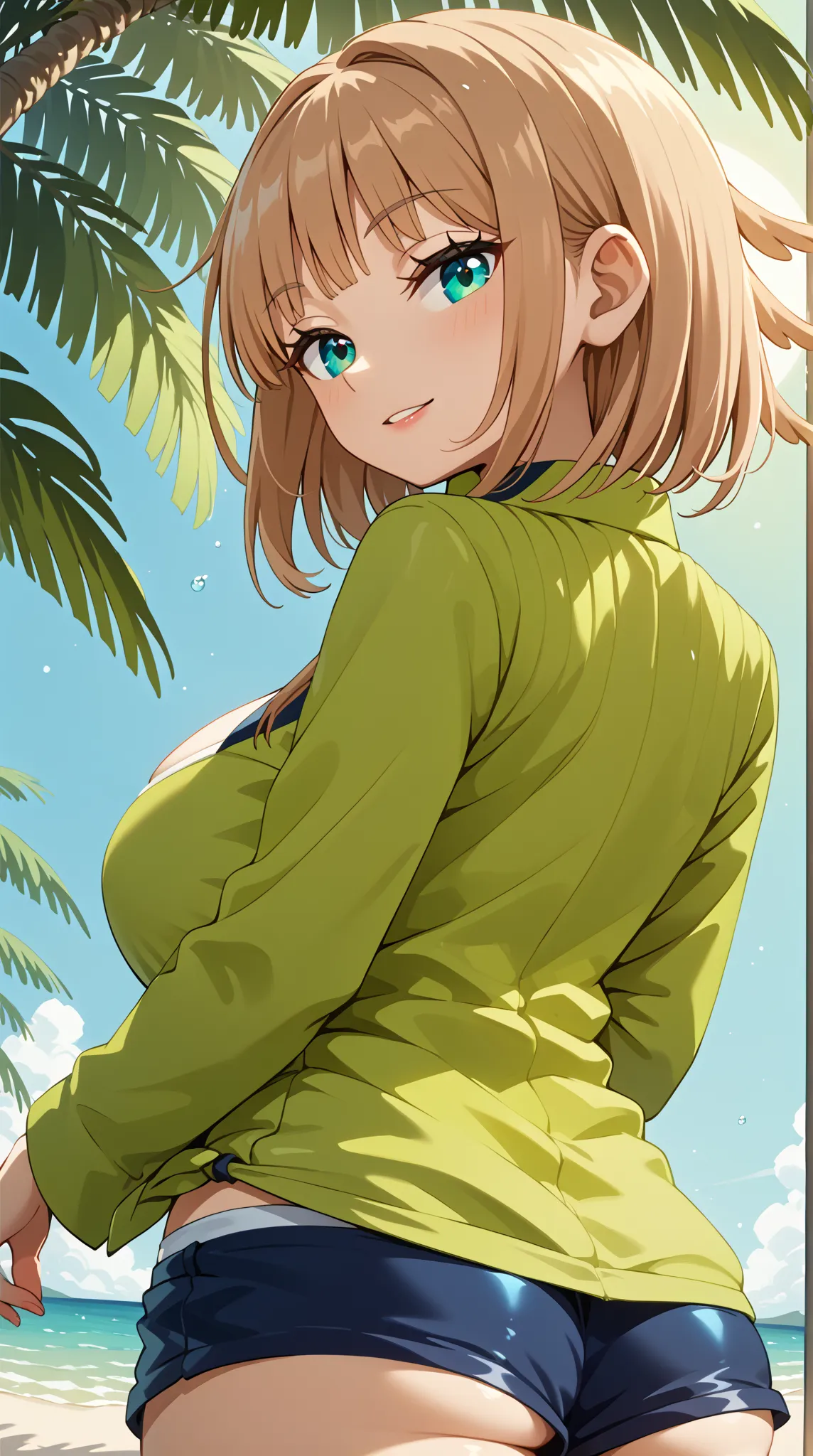 (UHD, retina, masterpiece, accurate, anatomically correct, super detail, high details,   highres, 1080P, 16k、high detail RAW color art:1.3)、(Kirie Konami ai:1.3)、(short hair、light brown hair、bangs、green　Eye  1.3)、(very gigantic breasts:1.3)、(shiny skin:1.3...