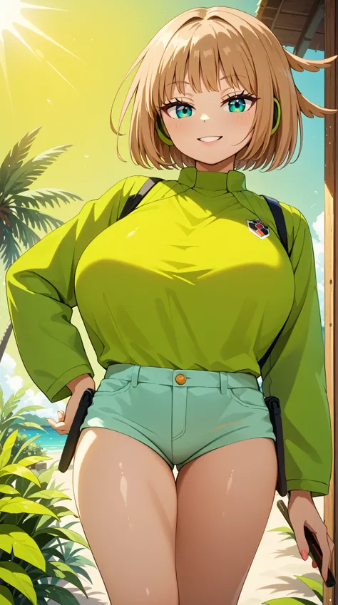 (UHD, retina, masterpiece, accurate, anatomically correct, super detail, high details,   highres, 1080P, 16k、high detail RAW color art:1.3)、(Kirie Konami ai:1.3)、(short hair、light brown hair、bangs、green　Eye  1.3)、(very gigantic breasts:1.3)、(shiny skin:1.3...