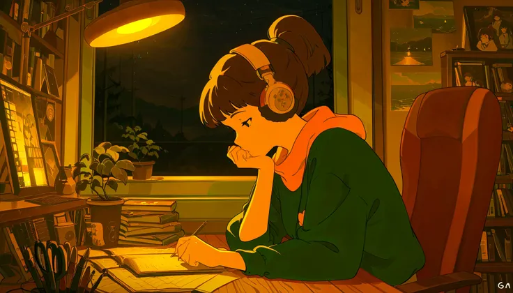  ４ｋ,high quality,Greatest Masterpiece,Listening to jazz music with headphones。Girl drinking hot coffee while listening to jazz music with headphones ,  {{lofi art style}}, one noble girl aesthetic, Gai Lan, anime style,  feeling relaxed, lo-fi illustration...