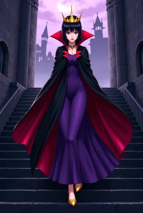 Beautiful Anime Girl with black hair and purple eyes. Dressed as an evil queen in Snow White. She is wearing a purple dress and a black and red vampire cape with a high collar and a crown. He's walking up the stairs of his dark castle to his dark lair. He'...