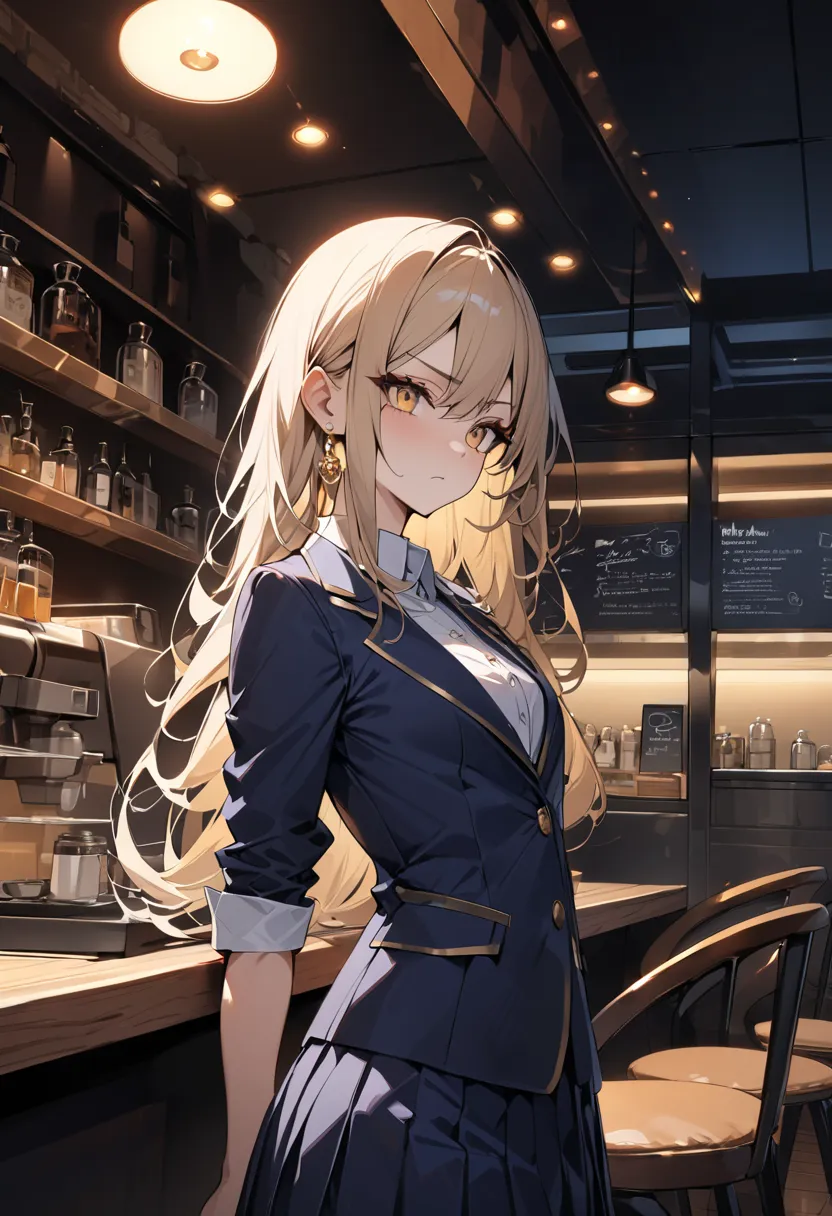 ((Greatest Masterpiece,Ultra High Quality:1.2)),(super resolution),(solo),cowboy shot,Night Cafe,Slender, small-breasted high school girl, beautiful face, long golden hair,perfect golden eyes, serious expression, high quality dark blue blazer ,white cutter...