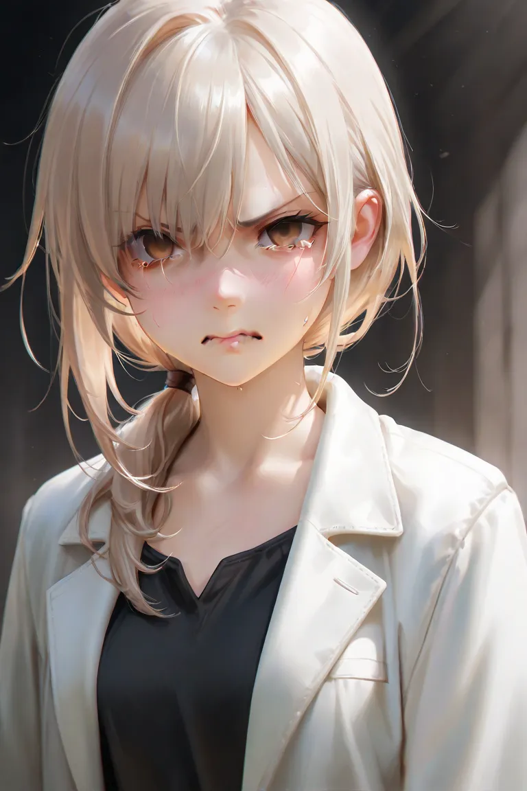 masterpiece, best quality, detailed eyes, semi realistic, 8k, girl, pure, black shirts, white scientist coat, tearing eye, beige low ponytail hair, brown eye, solo character,  empty eye, tearing eye, looking at viewer, angry