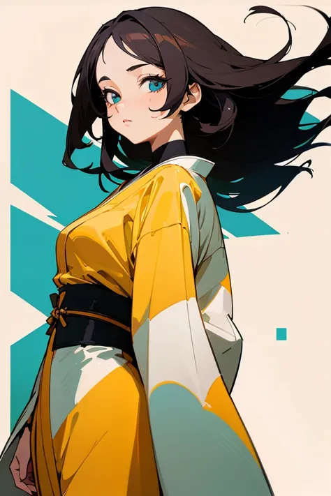 "An anime-style illustration of a modern Japanese woman, beautifully detailed with high-quality rendering. She has large, expressive eyes with soft shading, well-defined facial features, and smooth, flowing hair with natural highlights. Her skin is flawles...