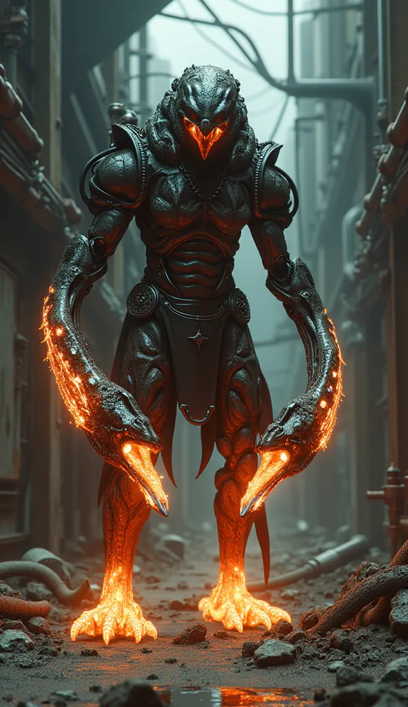 Draw Sektor as a mutant-cyborg whose arms have turned into mechanical snakes with fiery jaws