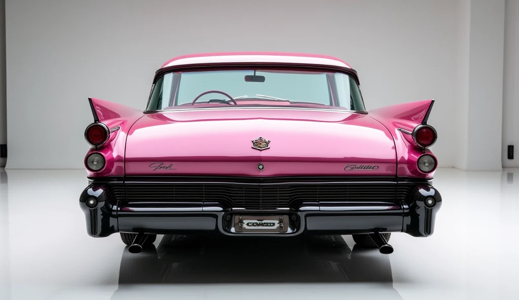 Back view of painted Pink  with shiny clour 1960 Ford Crown sleek in large shape sedan in large size with Cadillac logo on its large detailed grille in shiny black clour with angular sporty design captured from close front view with modified sleek backligh...