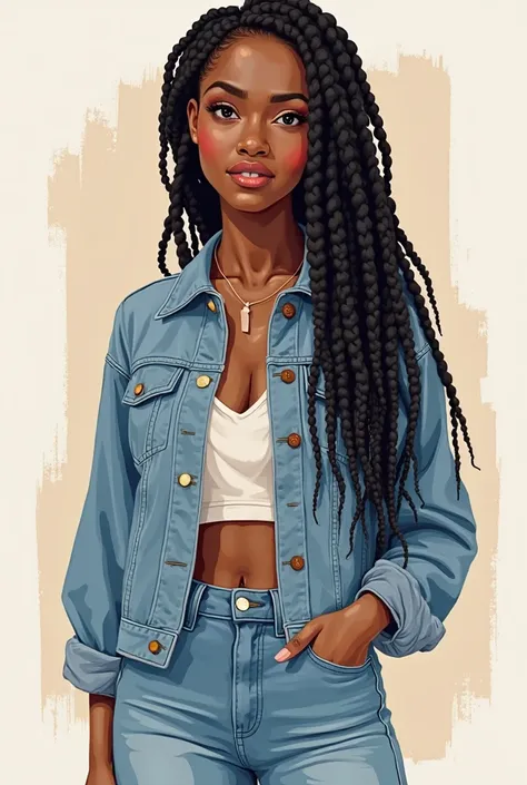  Generate an image of a black woman, with braids in her hair, Beautiful with a charming smile, with denim jacket and jeans, With shoes that match the clothes. Minimalist style illustration