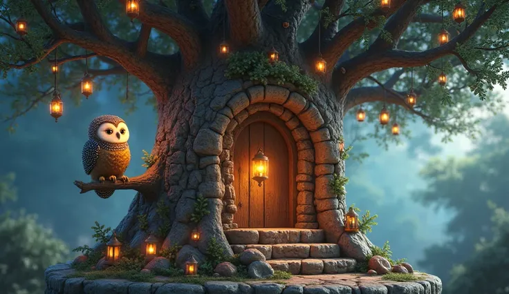 The tallest oak tree in Whimsywood, its hollow adorned with tiny lanterns and trinkets. Chube, the owl with shimmering starlight feathers, perches on a branch, his warm presence inviting. Twilight casts a soft glow, highlighting warm browns, silvery blues,...