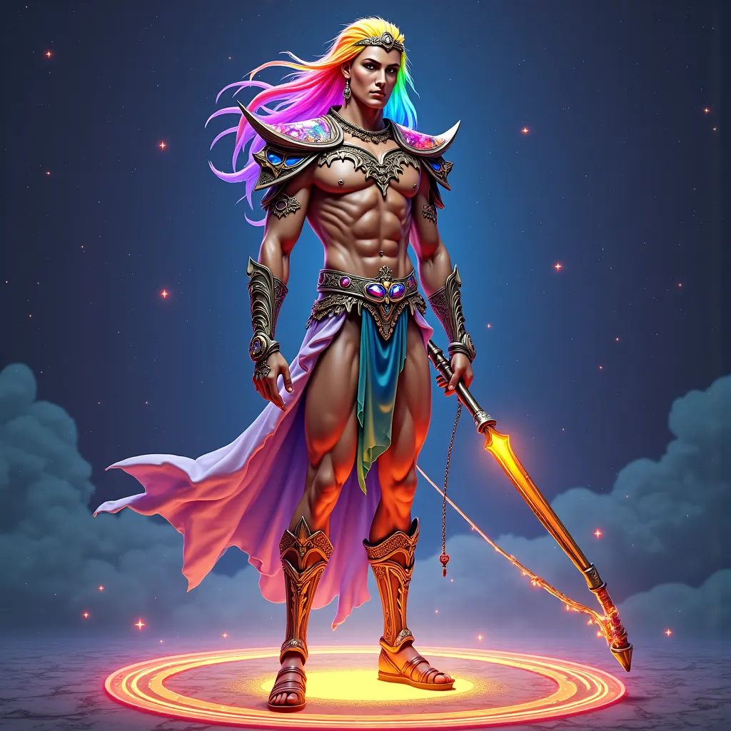 Dungeon & Dragons inspired art. Of an Incredibly handsome beautiful tall young male lanky extreme body builder. Just past the shoulders length long rainbow hair that’s all the colors of the rainbow. Pointed ears. mage Warrior inspired looking outfit.
V-sha...