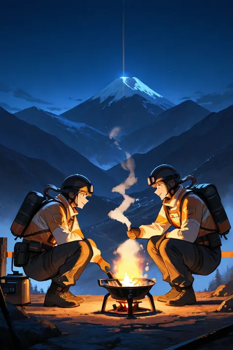 night、Man and woman chatting while surrounding、Man and woman chatting while surrounding the light of a mountain climbing gas stove。rescue teams and ordinary mountaineers are mixed。 Fantastic。Seen from a distance。