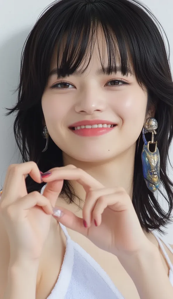   super fine、Picture of her face 、She's smiling and showing her teeth,  I'm wearing a camisole, posing with her hands crossed in the shape of a heart in front of her chest、Plain background、  high image quality、細部にわたって high image quality