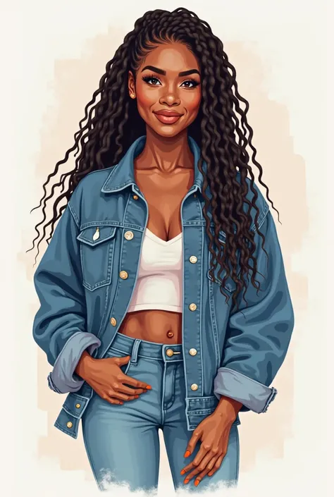  Generate an image of a black woman, with braids in her hair, Beautiful with a charming smile, with denim jacket and jeans, with shoes that match the clothes. Minimalist style illustration