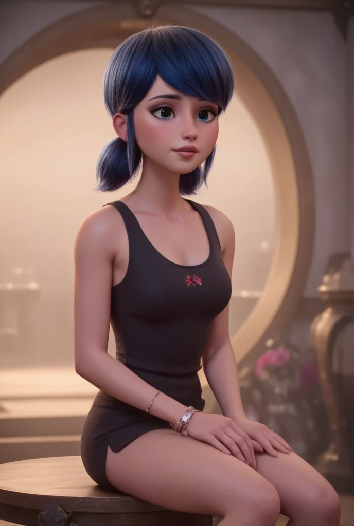 Marinette in a very short black dress, sitting with her legs crossed showing her bare leg