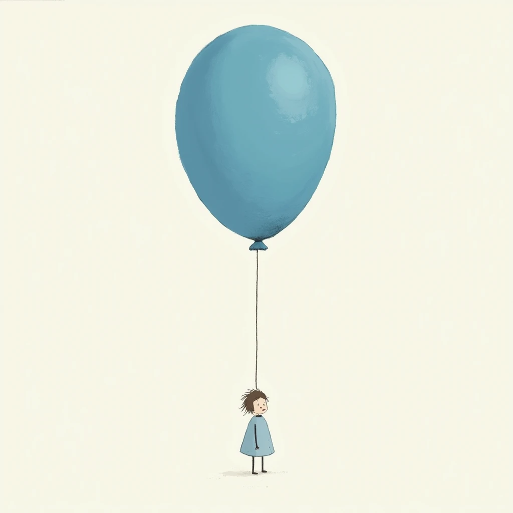 Dans un style très minimaliste , dessin simpliste , ( Jon Klassen  ) ballon baudruche bleu 