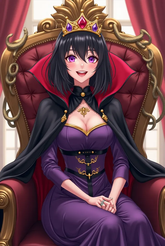 Beautiful Anime Girl with black hair and purple eyes. Dressed as an evil queen in Snow White. She is wearing a purple dress and a black and red vampire cape with a high collar and a crown. She's sitting on her villain's throne, which is made of gold and is...