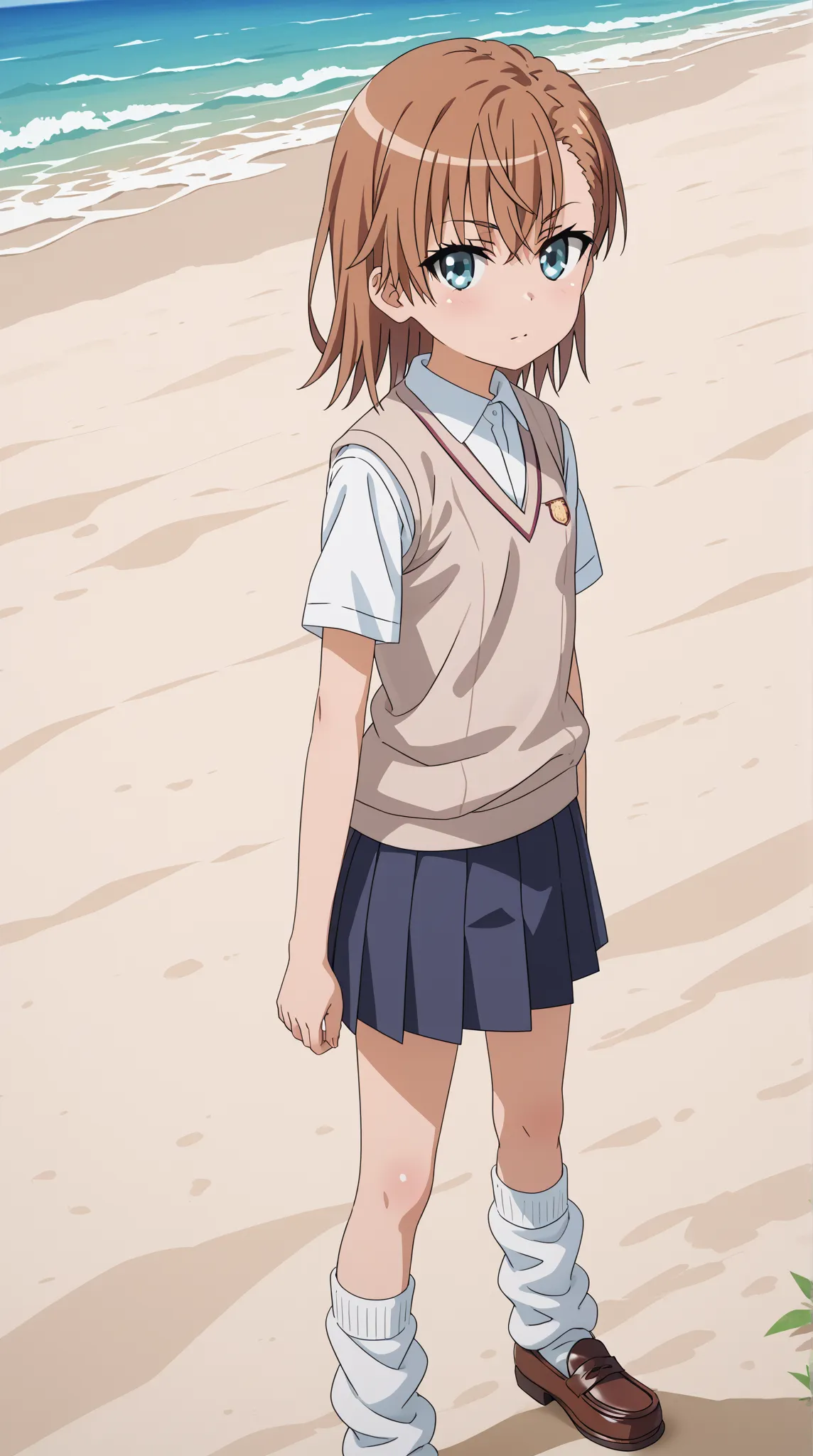 (UHD, retina, masterpiece, accurate, anatomically correct, super detail, high details,   highres, 1080P, 16k、high detail RAW color art:1.3)、 (misaka mikoto:1.3)、(short hair, brown hair:1.3)、(very flat chest:1.5)、(shiny skin:1.3)、(skirt, shirt, school unifo...