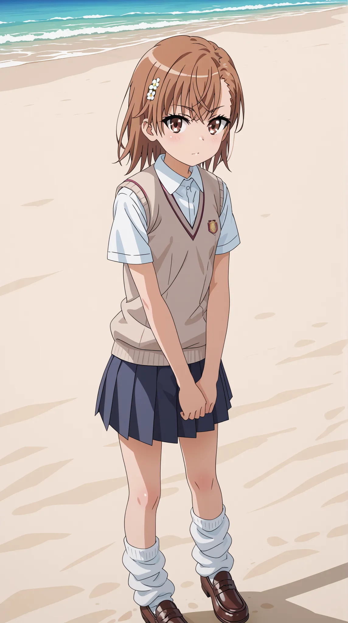 (UHD, retina, masterpiece, accurate, anatomically correct, super detail, high details,   highres, 1080P, 16k、high detail RAW color art:1.3)、 (misaka mikoto:1.3)、(short hair, brown hair:1.3)、(very flat chest:1.5)、(shiny skin:1.3)、(skirt, shirt, school unifo...