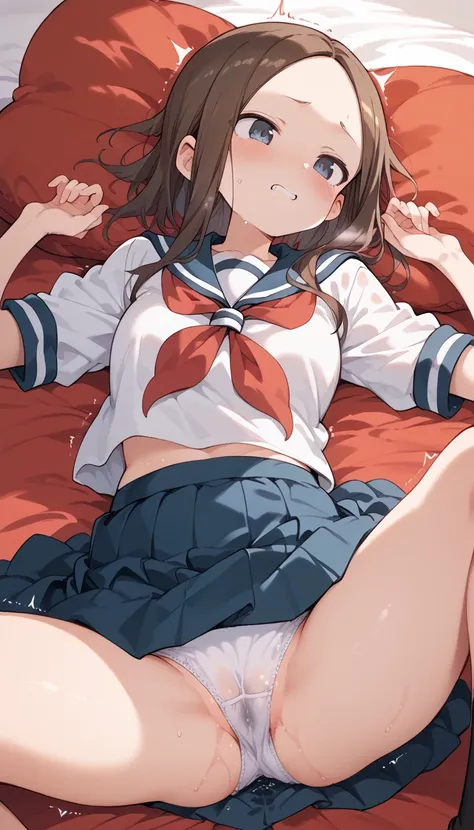 (Takagi)masturbation　crotch grab　white panties　girl trembling with sexual climax　sweat　aroused　skirt　sailor suit　Lying on a bed　red　Spread your legs aroused