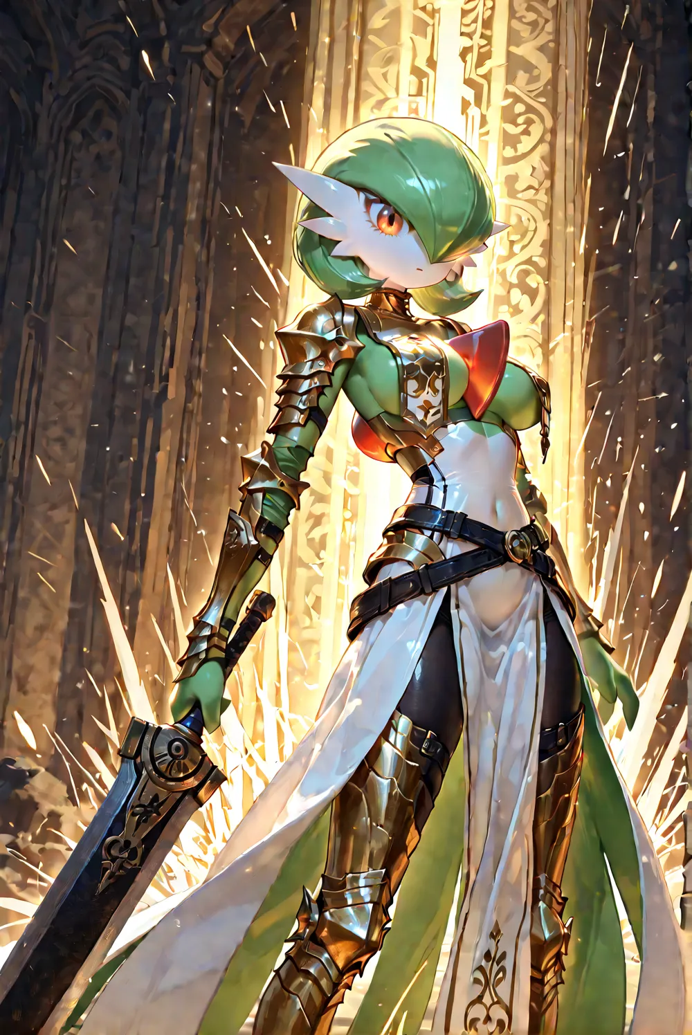  dynamic action，masterpiece, is very beautiful，gardevoir, green_hair, green_skin, hair_over_one_Eye , , courage_armor, 黑色armor, 全身armor, 龍殺手之sword-II.v1.0, holding - dragon slayer, Giant Weapon, sword, holding sword, Handheld,holy light armor，ruanyi0847,bo...