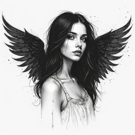 A tattoo design of a female angel,  Black and white, made with pencils, abstract, sketch, high level of detail,  thick lines ,  black hair, black wings