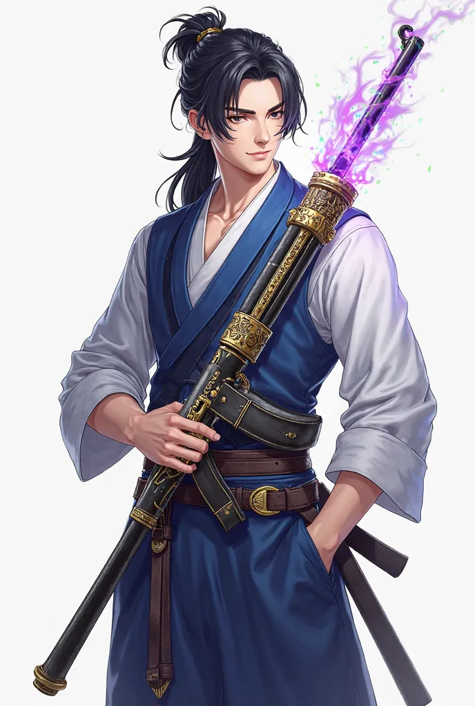 A modern samurai with ancient Japanese features,  fair skin, sharp eyes and long black hair tied in a low bun or ponytail,  with some loose locks . He wears a blue vest over a white shirt with folded sleeves, similar to a refined Western costume, 's style ...