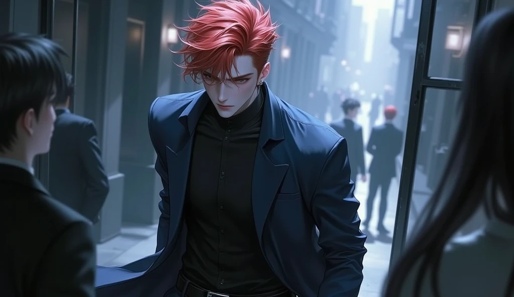 A 20-year-old boy with red hair, Who is wearing a dark blue full jacket, marche devant   son bureau. The mysterious and intimidating air 