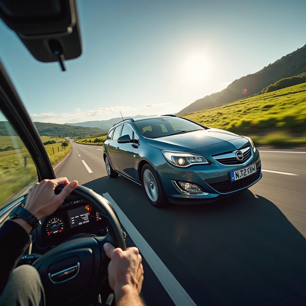 2010 Opel Astra Caravan is speeding up to 200 km/h on two laned road (interior view)