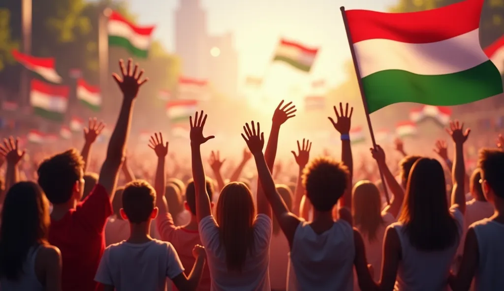 Audience waving enthusiastically next to the stage, and people are waving red, white and green Hungarian flags.